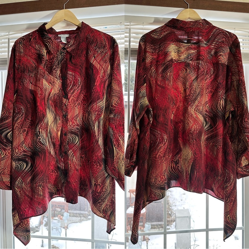 Catherines Collared Button-Up Top Blouse Asymmetric Artsy Boho Red Plus Size 3X